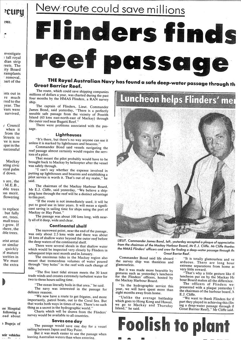 News article about the discovery of a safe deep water passage through the Great Barrier Reef featuring James Bond