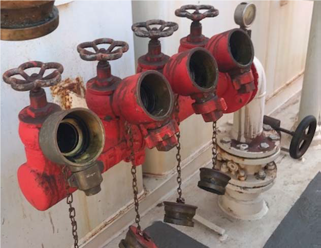 Firefighting hoses on a ship