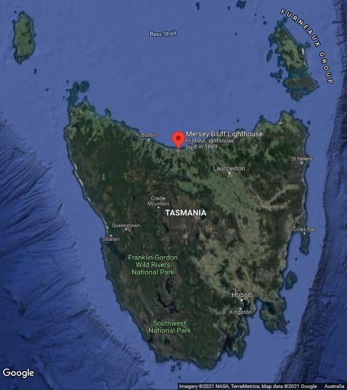 Location of Mersey Bluff Lighthouse within Tasmania (Map data: ©2021 Google, NASA, TerraMetrics)