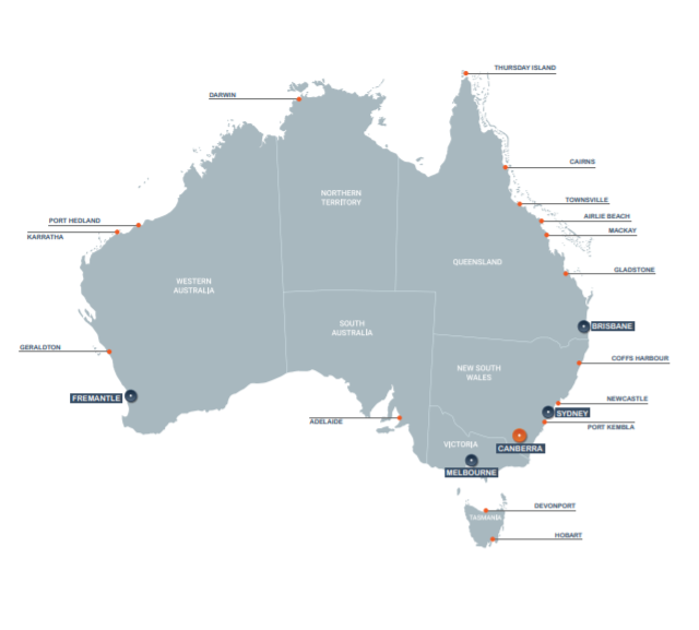 Map showing the location of AMSA offices around Australia