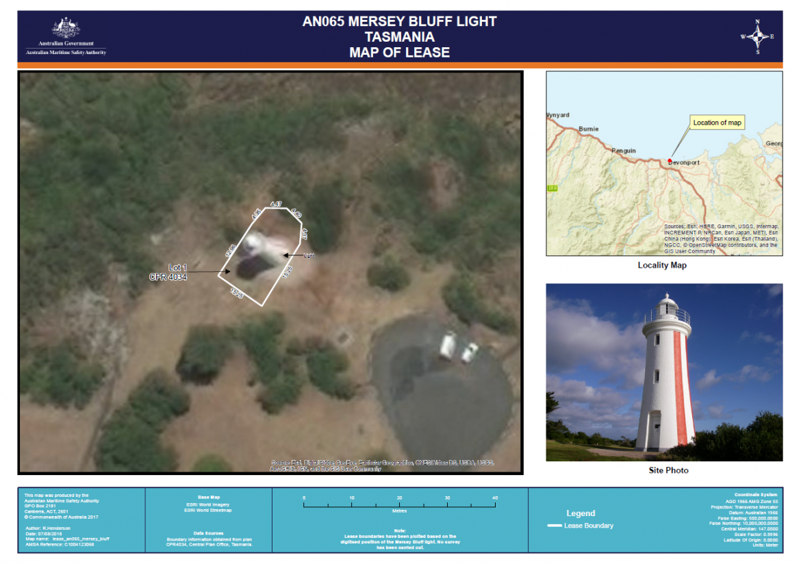 Figure 6. Mersey Bluff Lighthouse Map of AMSA lease, 2018 (Map data: © Esri, DigitalGlobe, GeoEye, Earthstar Geographics, CNES/Airbus DS, USDA, USGS, AeroGRID, IGN, and the GIS User Community)