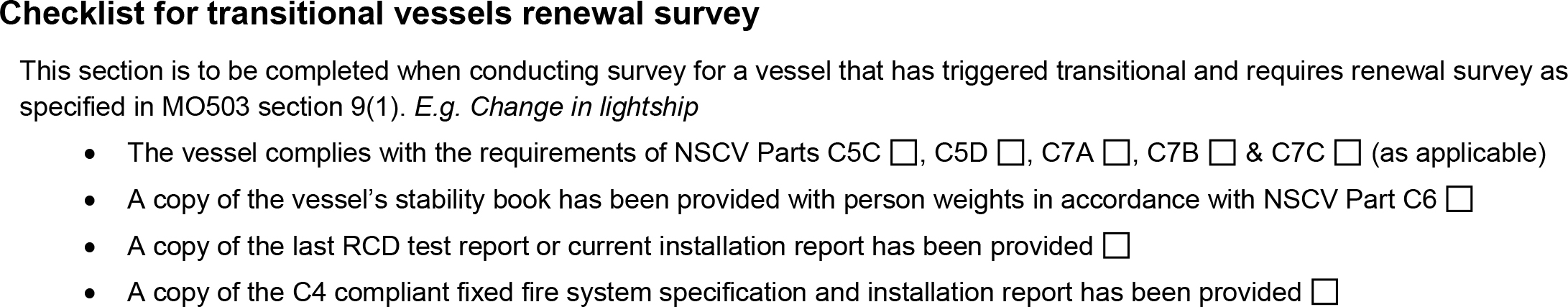 Checklist for transitional vessels renewal survey