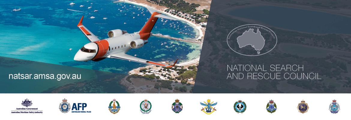 NATSAR council logo, our challenger rescue aircraft and grey geometric shapes