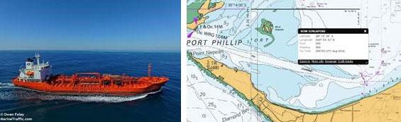 The vessel Bow Singapore and a map of Port Phillip bay