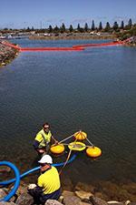 Two men in the water setting up moorings