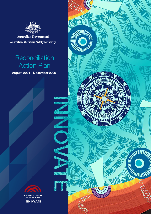 Cover of the Australian Maritime Safety Authority's Reconciliation Action Plan, August 2024 to December 2026. The cover features Aboriginal and Torres Strait Islander-inspired artwork in blue, teal, orange and white, with the Australian Government and AMSA logos and the Reconciliation Action Plan Innovate logo.