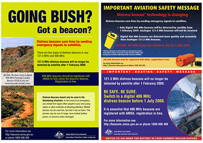 Two-panel informational poster about distress beacon technology changes for aviation and boating safety. Left panel explains discontinuation of 121.5 MHz beacon detection by satellite after February 1, 2009, urging switch to 406 MHz beacons with free AMSA registration; right panel emphasizes importance of switching to 406 MHz distress beacons by July 1, 2008, for accurate emergency signal detection, featuring color-coded sections, images of beacon devices, and contact information.
