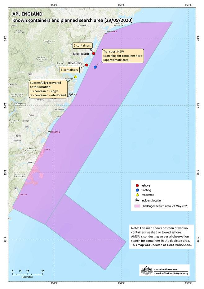 APL England - Known containers and planned search area as at 29 May 2020