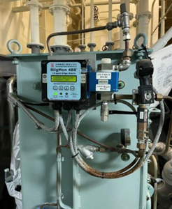 A photo showing a flow sensor and alarm fitted to the 15ppm bilge alarm sample line