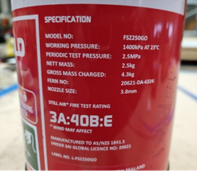 Close-up image showing the specifications label on a fire extinguisher