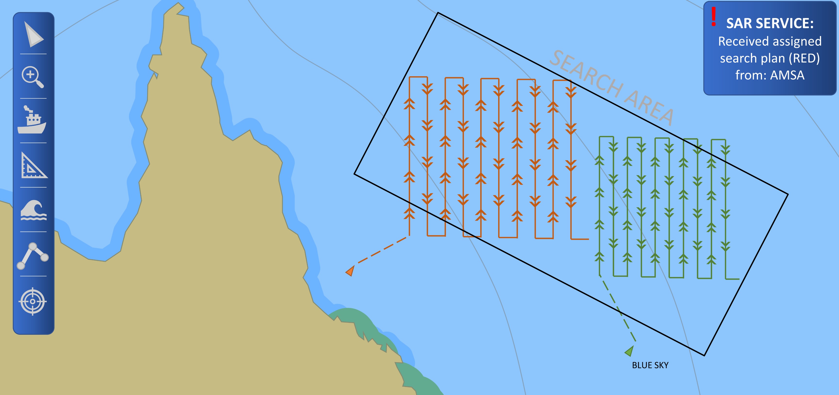 Map showing the far north east coast of Australia and example search plan area highlighted over the Pacific Ocean to the east. Further described in the accompanying text.
