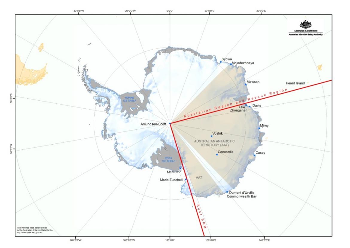Area of Antarctica that is Australia's search and rescue region inclduing Davis, Mimy, Casey, Dumint d'Urville Commonwealth Bay, Concordia and Vostok