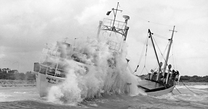 Black and white photo of the Blythe Star in rough seas