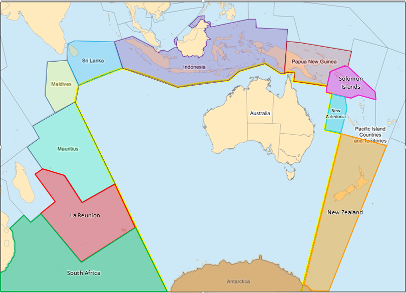 Australia's bordering search and rescue regions which include Maldives, Mauritius, La Reunion, South Africa, Antarctica, New Zealand, New Caledonia, Solomon Islands, Papua New Guinea, Indonesia and Sri Lanka