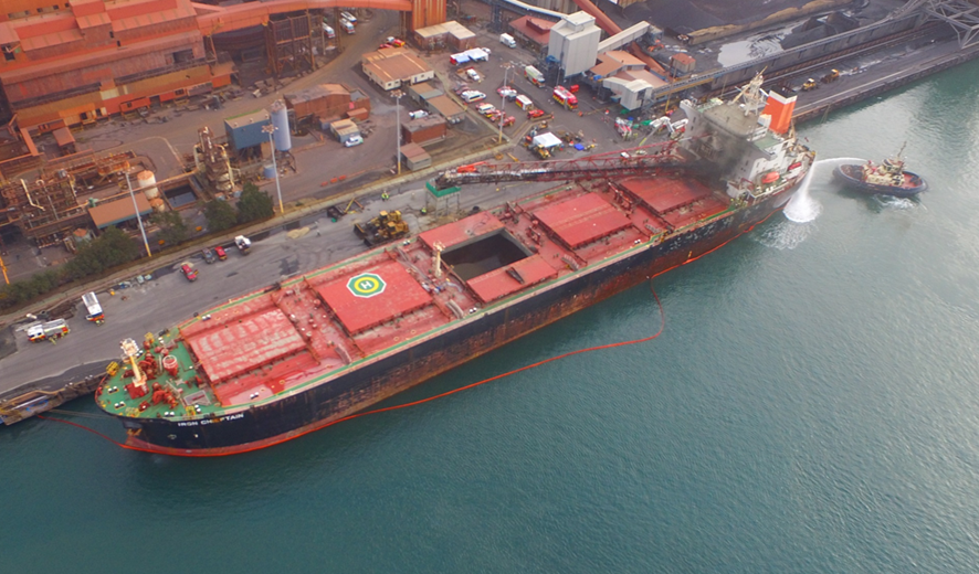 Remotely piloted aircraft system footage of a ship on fire