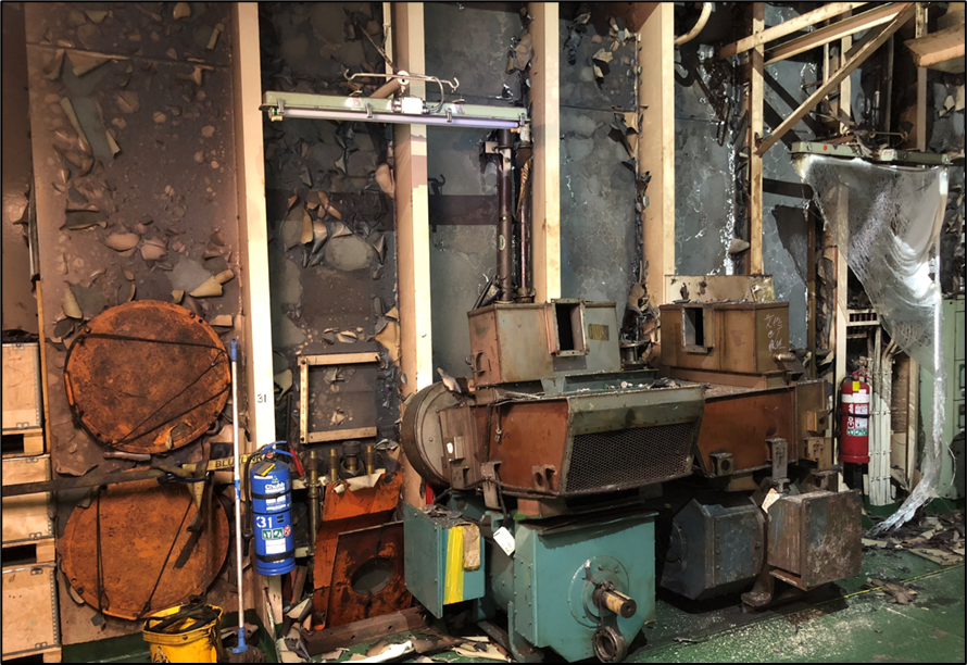 Heat damage to engine room forward bulkhead
