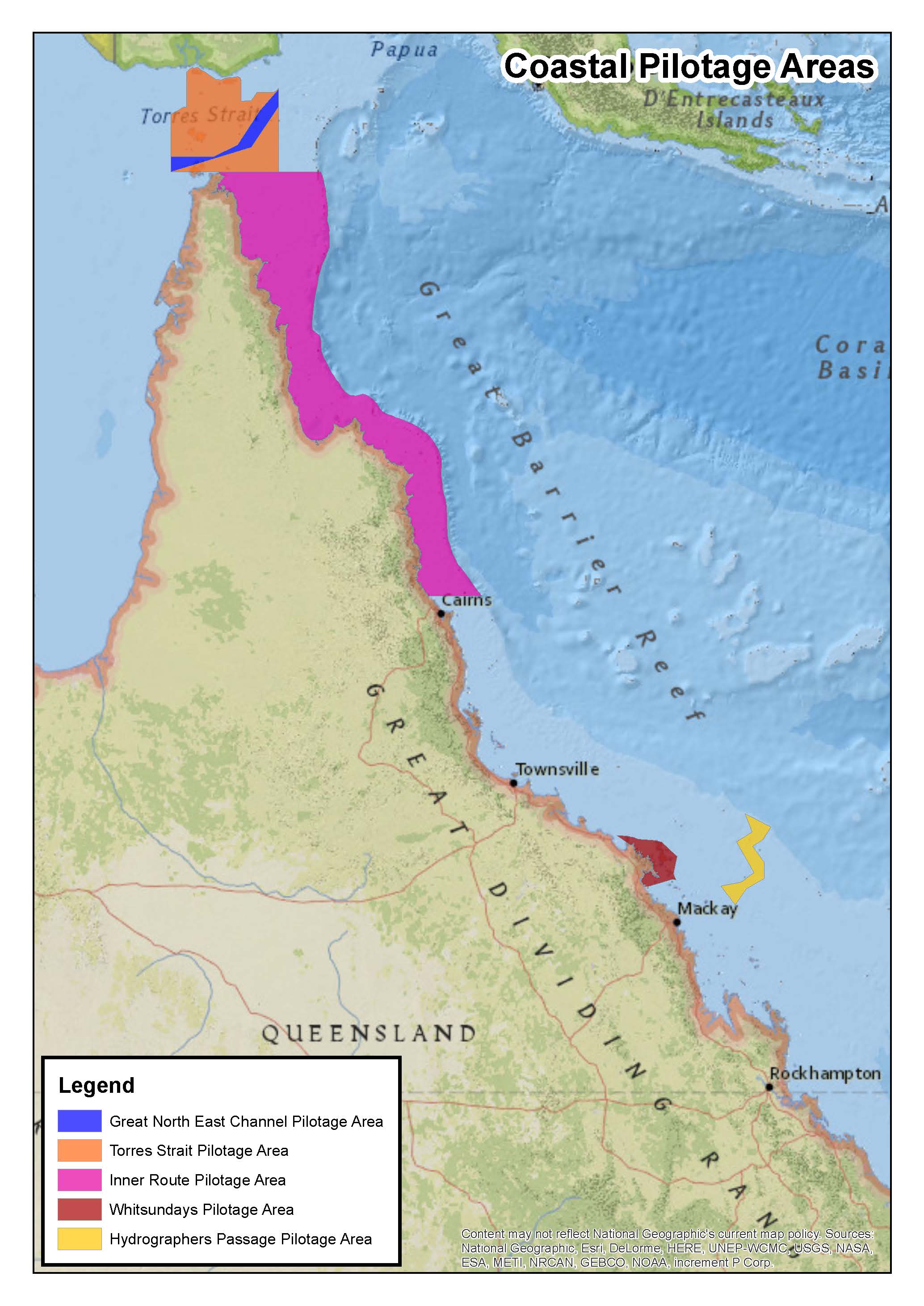 Map showing 5 coastal pilotage areas along Queensland’s east coast and Torres Strait: Great North East Channel, Torres Strait, Inner Route, Whitsundays and Hydrographers Passage.