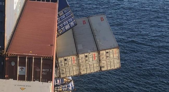 Collapsed containers on board a ship off the Australian coastline