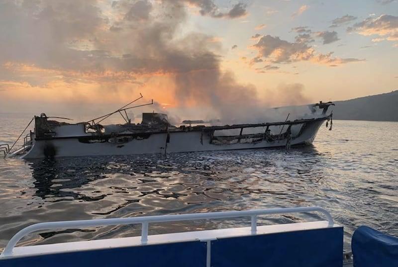 The passenger vessel MV Conception at sunrise prior to sinking, September 2, 2019. (Source: Ventura County Fire Department)