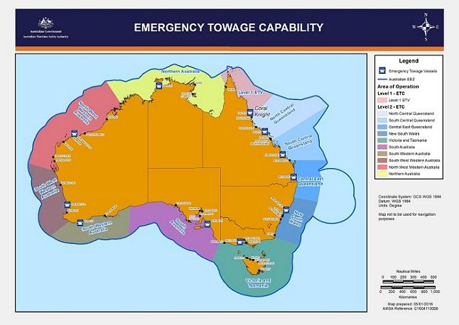 A map of Australia showing AMSA provides a complete emergency towage coverage service over 11 defined areas of operation supported using 11 emergency towage vessels.