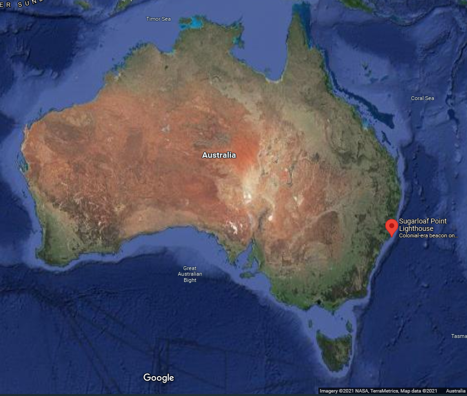 Figure 3. Location of Sugarloaf Point Lighthouse along Australian coastline (Map Data @2021 Google, NASA, TerraMetrics)