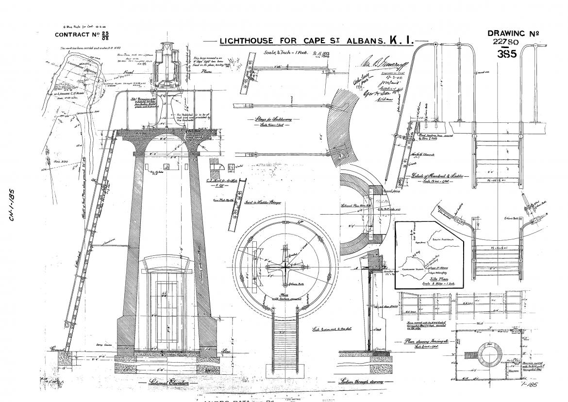 Figure 11. Design plan of Cape St. Albans Lighthouse, signed by Engineer-in-Chief 17 March 1908. NAA: A10182, CN 01 185 (© Commonwealth of Australia, National Archives of Australia)