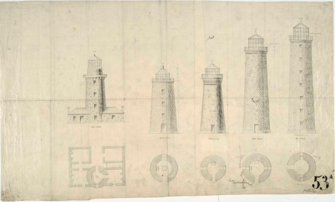 Figure 11. Drawings and floor plans of five Tasmanian lighthouses built in 1840s. From left to right: Low Head, South Bruny, Deal Island, Swan Island, and Goose Island (1848). Courtesy of the National Archives of Australia. (© Commonwealth of Australia, National Archives of Australia)16
