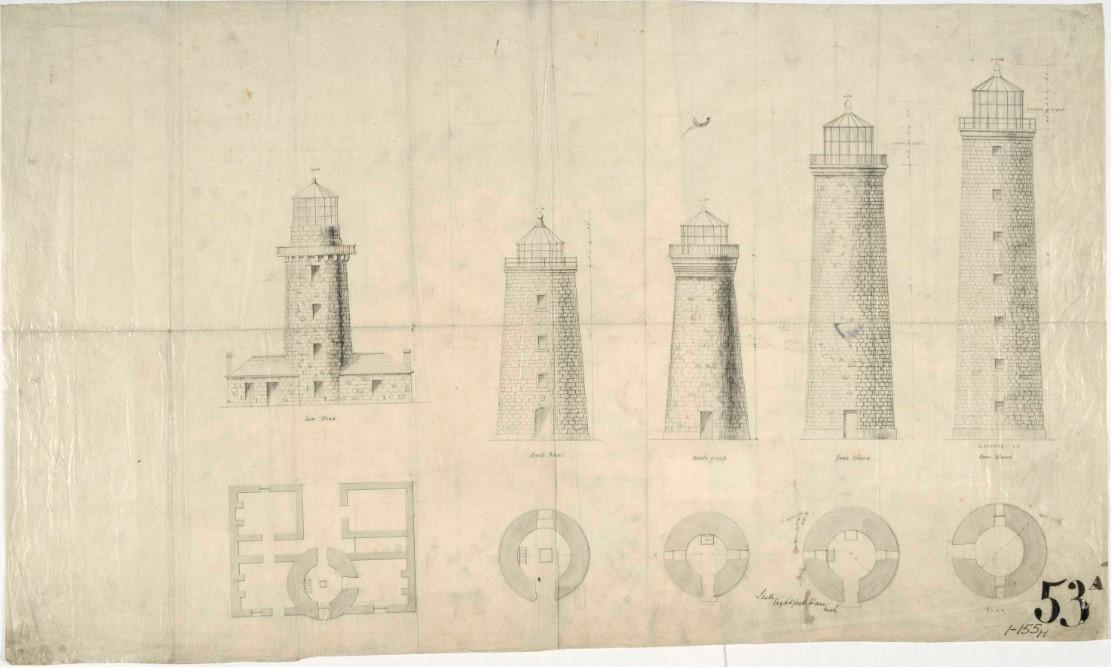 Figure 12. Drawings and floor plans of five Tasmanian lighthouses built in 1840s. From left to right: Low Head, South Bruny, Deal Island, Swan Island, and Goose Island (1848). Image courtesy of the National Archives of Australia. NAA: A9568, 5/10/1 (© Commonwealth of Australia, National Archives of Australia)17