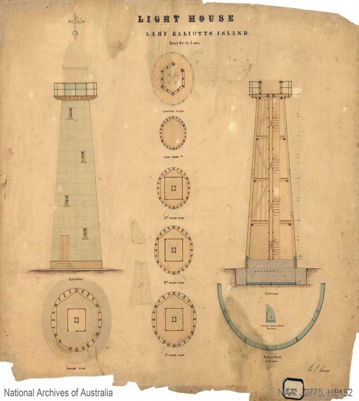 Figure 15. Blueprint design for Lady Elliot Island Lighthouse. Courtesy of the National Archives of Australia. NAA: J2775, HS152. (© Commonwealth of Australia, National Archives of Australia)35