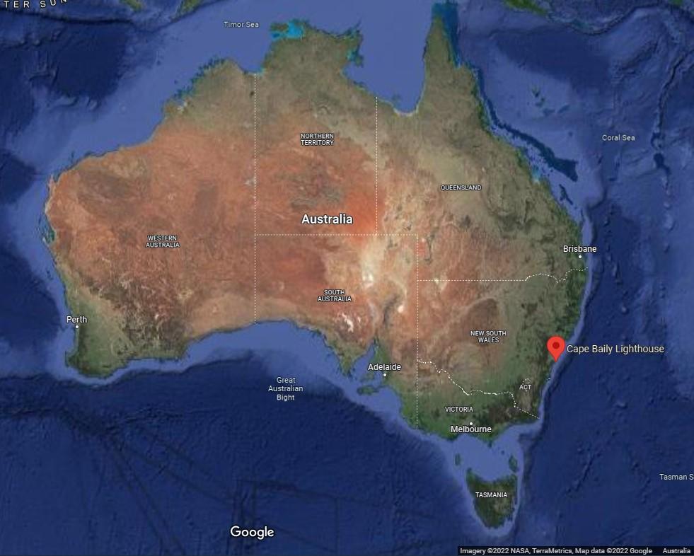 Figure 3. Location of Cape Baily Lighthouse along Australia's eastern coast (Imagery ©2022 NASA, TerraMetrics. Map data: ©2022 Google