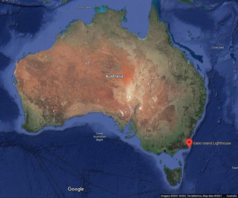 Figure 3. Location of Gabo Island within Australia (Imagery ©2021 NASA, TerraMetrics, Map Data ©2021 Google)