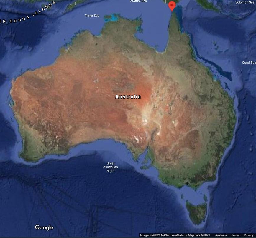 Figure 3. Location of Goods Island Lighthouse along Australian coastline (Map Data @2021 Google, NASA, TerraMetrics)