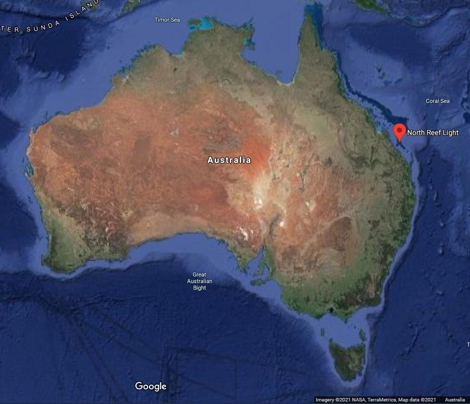 Figure 3. Location of North Reef Lighthouse along Australian coastline (Imagery © NASA, TerraMetrics. Map data ©2021 Google)