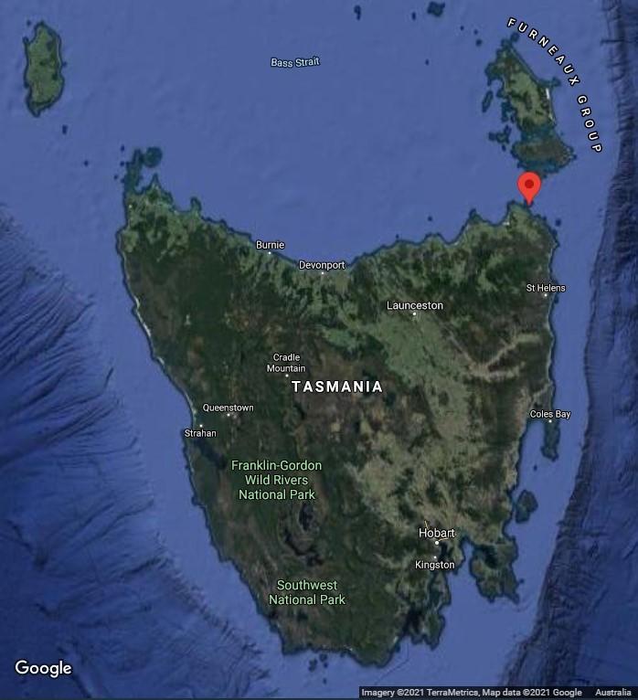 Figure 3. Location of Swan Island within Bass Strait (Map data: ©Google, TerraMetrics)