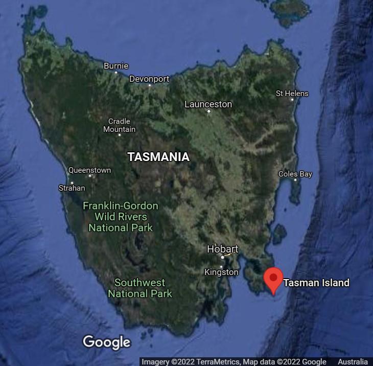 Figure 3. Location of Tasman Island (Imagery © TerraMetrics, Map data: @2022 Google)