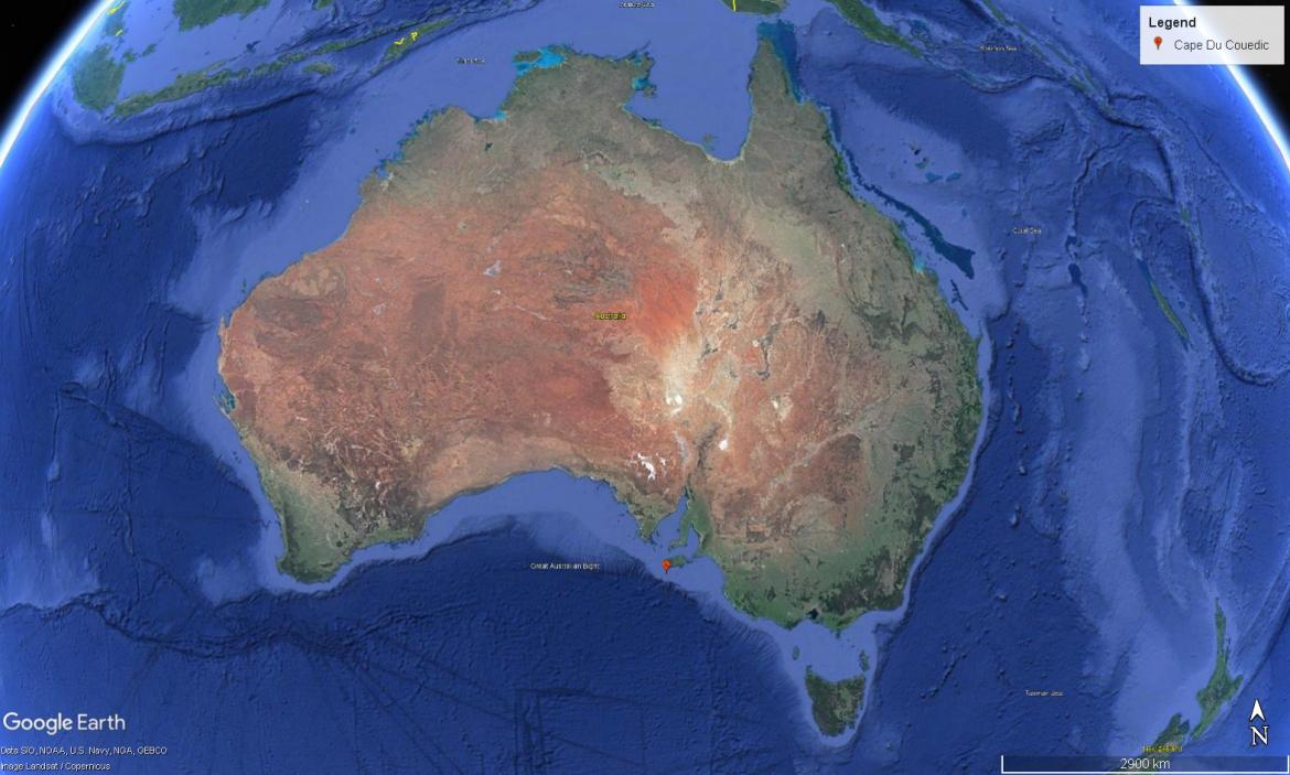 Figure 3. Location of Cape du Couedic Lighthouse within Australia (Map data: Google Earth, SIO, NOAA, U.S. Navy, NGA, GEBCO. Image: Landsat/Copernicus)