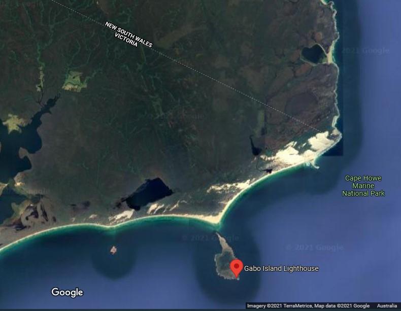 Figure 4. Location of Gabo Island Lighthouse south of Victorian-New South Wales border (Imagery ©2021 TerraMetrics, Map Data ©2021 Google)