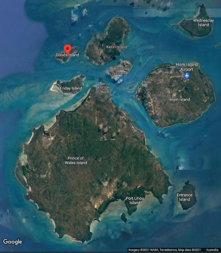 Figure 4. Location of Goods Island Lighthouse in the Torres Strait (Map Data @2021 Google, NASA, TerraMetrics)