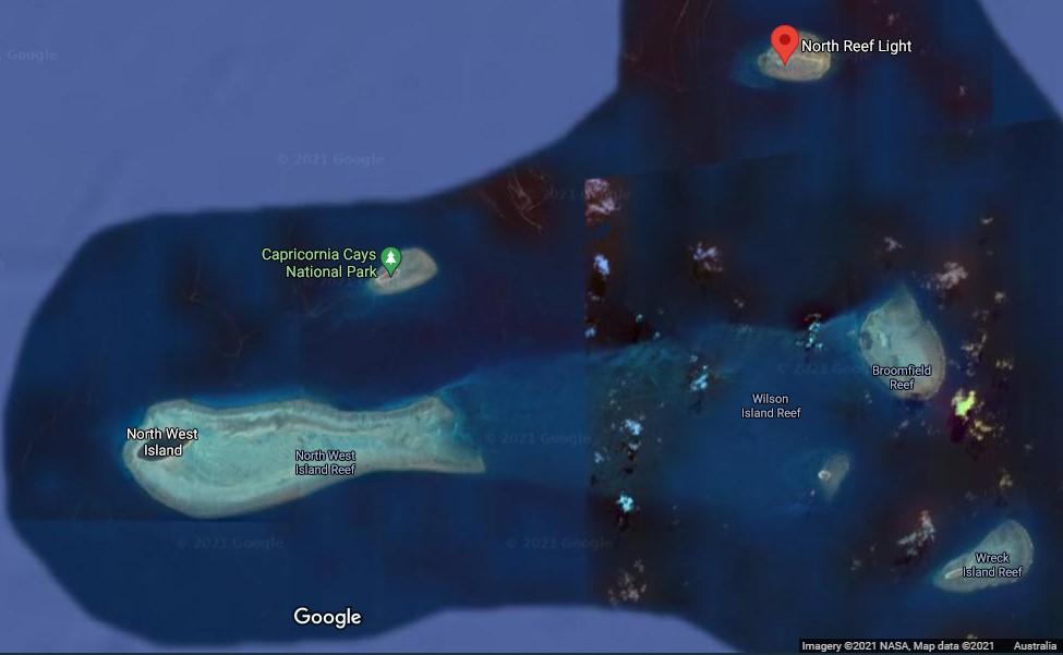 Figure 4. Location of North Reef within Great Barrier Reef (Imagery ©2021 NASA. Map Data @2021 Google)
