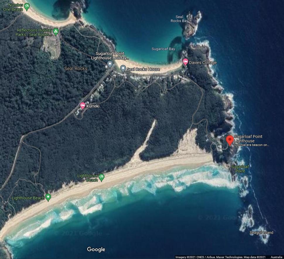 Figure 4. Map of Sugarloaf Point and surrounding Myall National Park (Map Data @2021 Google, CNES/Airbus, Maxar Technologies)