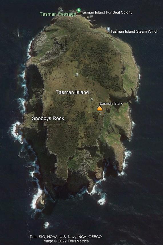 Figure 4. Tasman Island and lightstation (Data SIO, NOAA, U.S. Navy, NGA, GEBCO. Image @2022 TerraMetrics)