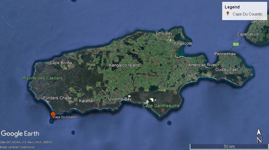 Figure 4. Location of Cape du Couedic Lighthouse along Kangaroo Island coast (Map data: Google Earth, SIO, NOAA, U.S. Navy, NGA, GEBCO. Image: Landsat/Copernicus)