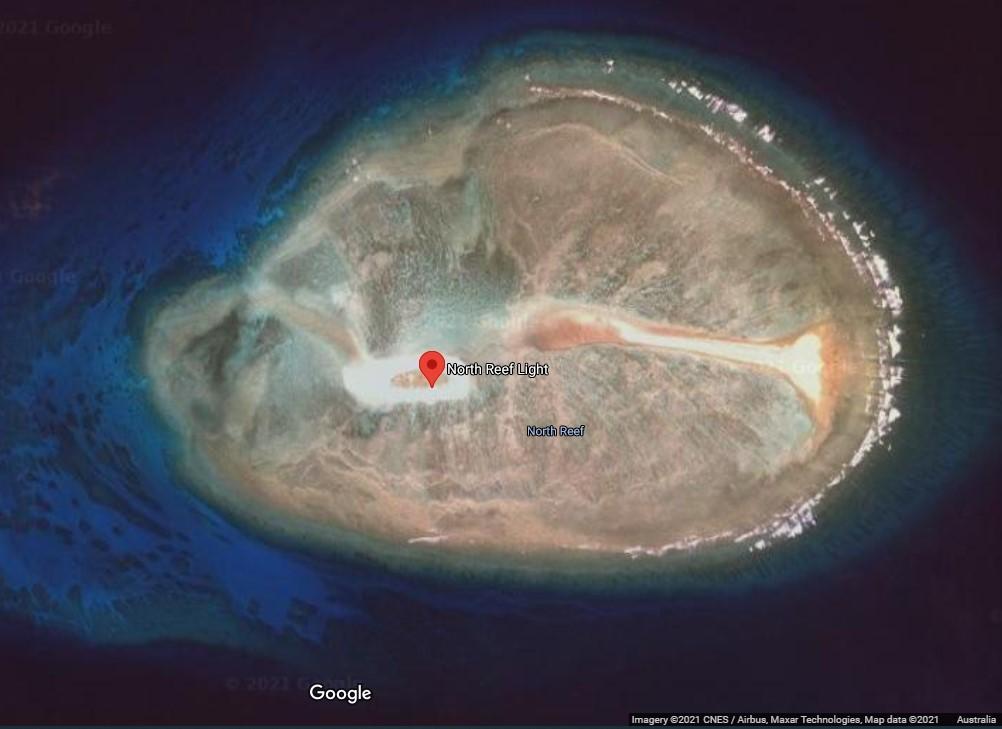 Figure 5. Location of North Reef Lighthouse on sand island (Imagery ©2021 CNES/Airbus, Maxar Technologies. Map data ©2021 Google)