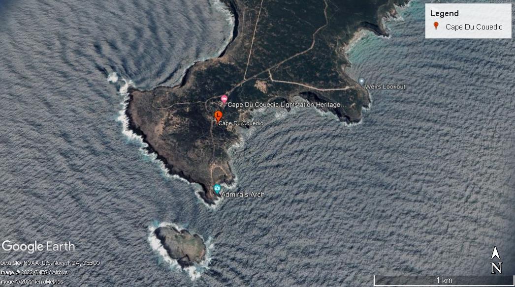 Figure 5. Location of lighthouse on Cape du Couedic (Map data: Google Earth, SIO, NOAA, U.S. Navy, NGA, GEBCO. Image: © 2022 CNES/Airbus, © 2022 TerraMetrics)