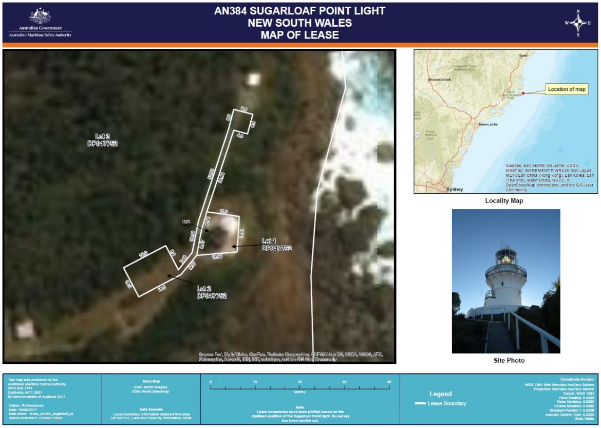 Figure 6. Sugarloaf Point Lighthouse AMSA Lease (Map data: Esri, DigitalGlobe, GeoEye, Earthstar Geographics, CNES/Airbus DS, USDA, USGS, AEX, Getmapping, Aerogrid, IGN, IGP, swisstope, GIS User Community)
