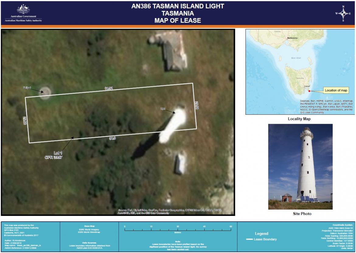 Figure 6. Tasman Island Lighthouse map of lease (Source: Esri, DigitalGlobe, GeoEye, Earthstar Geographics, CNES/Airbus DS, USDA, USGS, AeroGRID, IGN, and the GIS User Community