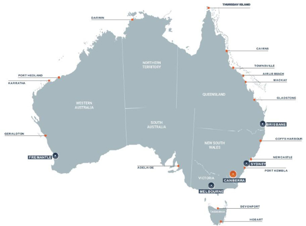 Australian map highlighting Fremantle, Geraldton, Karratha, Port Hedland, Darwin, Thursday Island, Cairns, Townsville, Airlie Beach, Mackay, Gladstone, Brisbane, Coffs Harbour, Newcastle, Sydney, Port Kembla, Canberra, Melbourne, Devonport, and Hobart