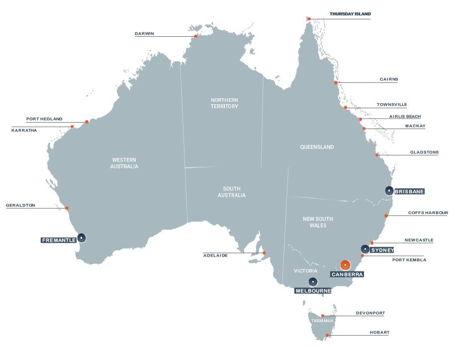ustralian map highlighting Fremantle, Geraldton, Karratha, Port Hedland, Darwin, Thursday Island, Cairns, Townsville, Airlie Beach, Mackay, Gladstone, Brisbane, Coffs Harbour, Newcastle, Sydney, Port Kembla, Canberra, Melbourne, Devonport, and Hobart