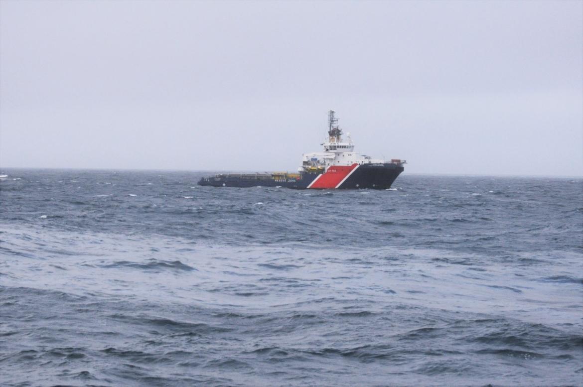Image of the NOFO Vessel surveying waters with floating oil slicks during the Oil on Water exercise