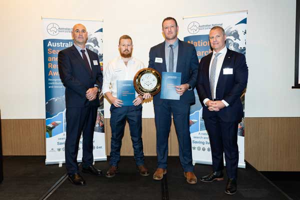 Left to right: Tony Longhorn (Acting Deputy Commissioner, Western Australia Police Force), former Acting Sergeant Chris Grotherr, Acting Senior Sergeant Matthew Hall and Alex Barrell (NATSAR Council Chair and AMSA Executive Director Response and Capability)